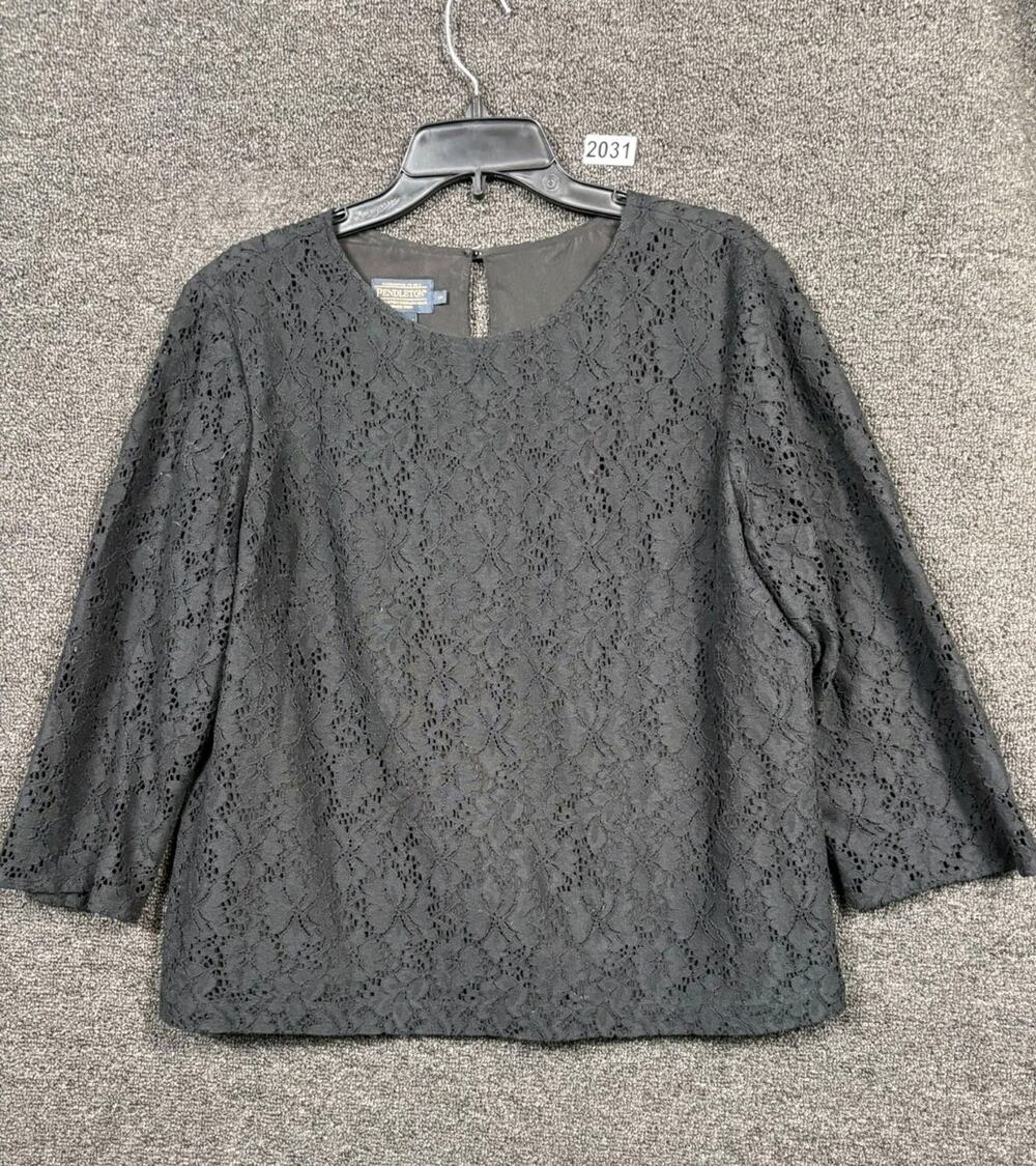 Pendleton Floral Lace Blouse Womens Size 14 Black Pullover Stretch Top